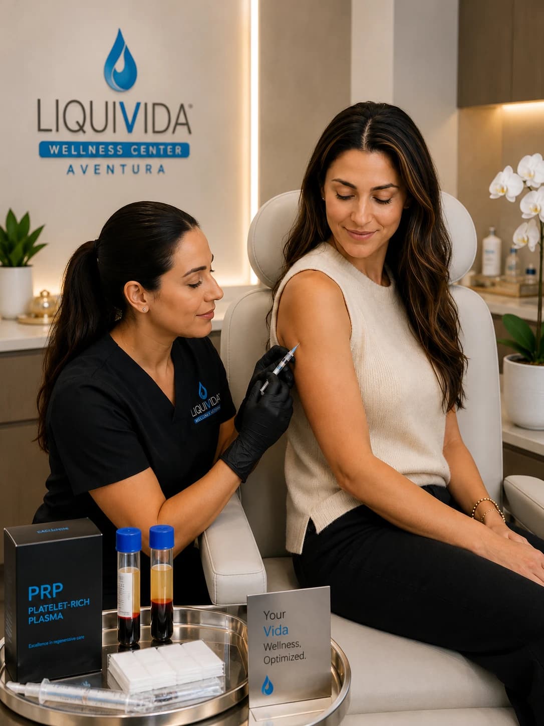A Liquivida medical team member administering an intramuscular shot to a patient in our Aventura clinic