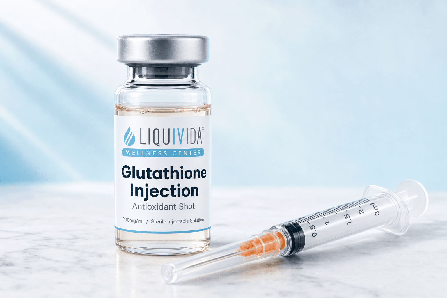 Glutathione intramuscular shot vial and syringe