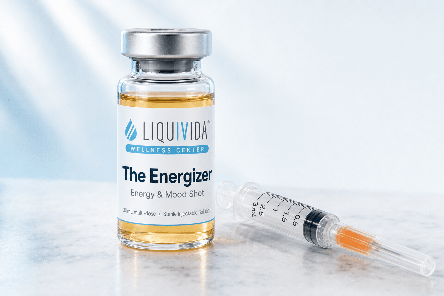 The Energizer intramuscular shot vial and syringe